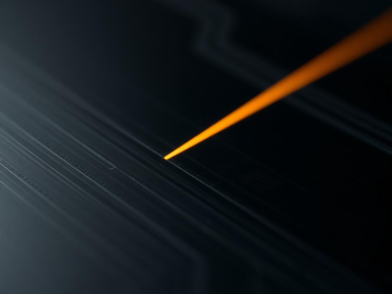 Macro detail of an etched dark circuit substrate with a single orange trace